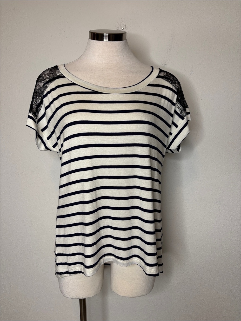 Pleione White and Navy Striped Short Sleeve Top with Lace Shoulders